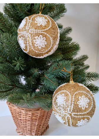 Набір ялинкових кульок, золоті з квітковим візерунком, пластик, 2 шт, D 10 см (SH272)