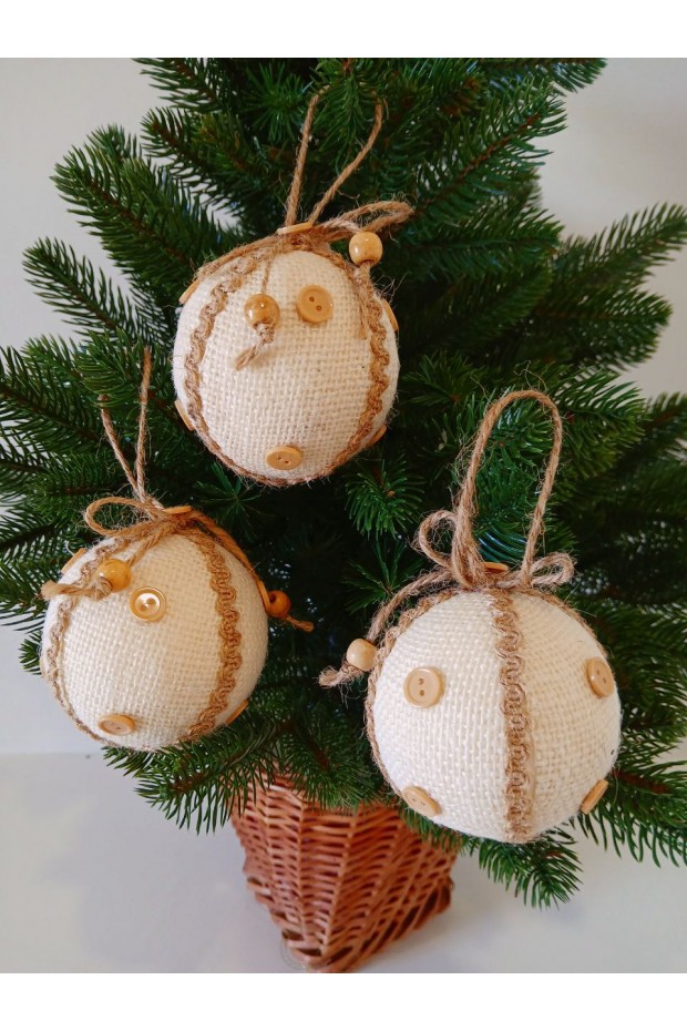 Набір ялинкових куль "Хенд мейд", бежеві, пластик, 3 шт, D 8 см (SH277)