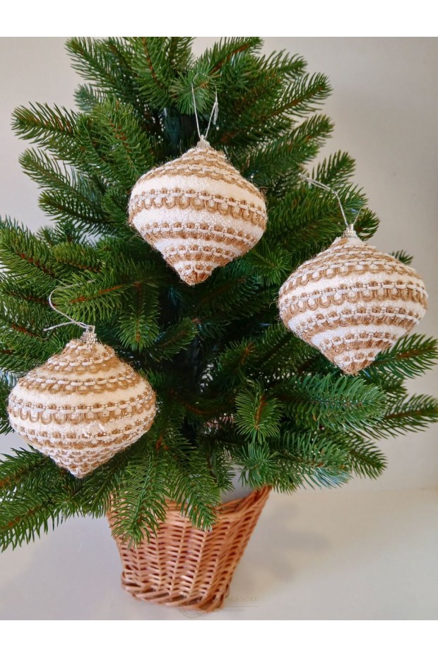 Набір ялинкових куль "Дзиґа", білі, декор із ажура, пластик, 3 шт, D 8 см (SH295)