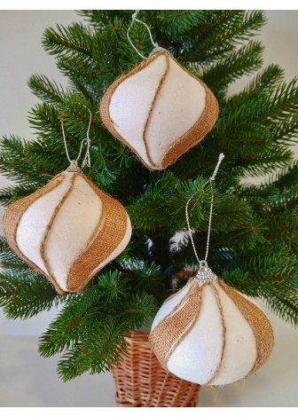 Набір ялинкових куль "Дзиґа", білі, декор із мішковини, пластик, 3 шт, D 8 см (SH296)