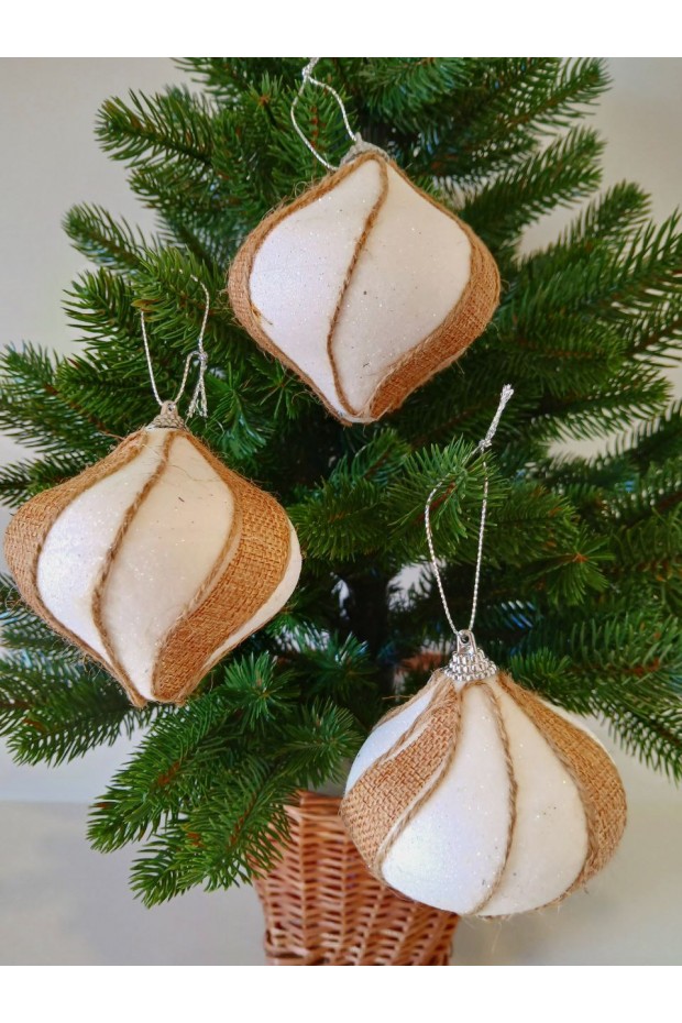 Набір ялинкових куль "Дзиґа", білі, декор із мішковини, пластик, 3 шт, D 8 см (SH296)