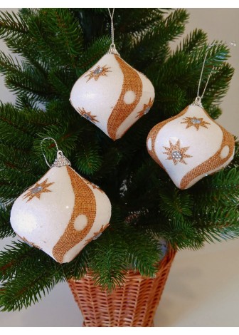 Набір ялинкових куль "Дзиґа", білі, візерунок із зірок, пластик, 3 шт, D 8 см (SH297)