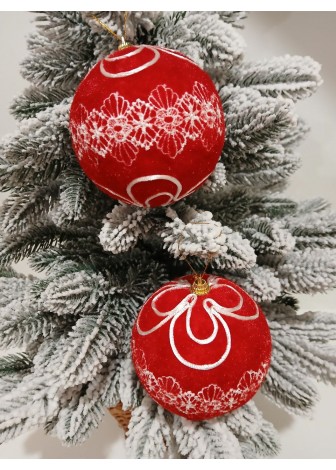 Набір ялинкових куль "Оксамит", червоні з білим орнаментом, пластик, 2 шт, D 10 см (SH302)