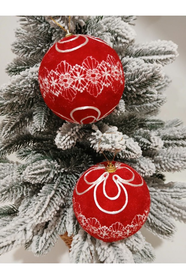 Набір ялинкових куль "Оксамит", червоні з білим орнаментом, пластик, 2 шт, D 10 см (SH302)
