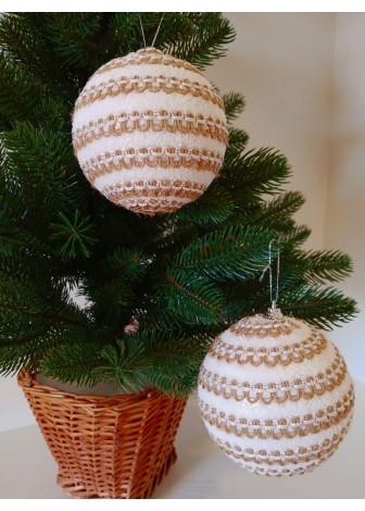 Набір ялинкових куль, білі, декор із тасьми, пластик, 2 шт, D 10 см (SH308)
