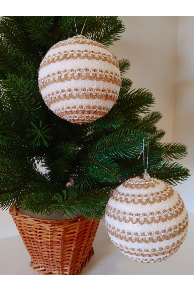 Набір ялинкових куль, білі, декор із тасьми, пластик, 2 шт, D 10 см (SH308)